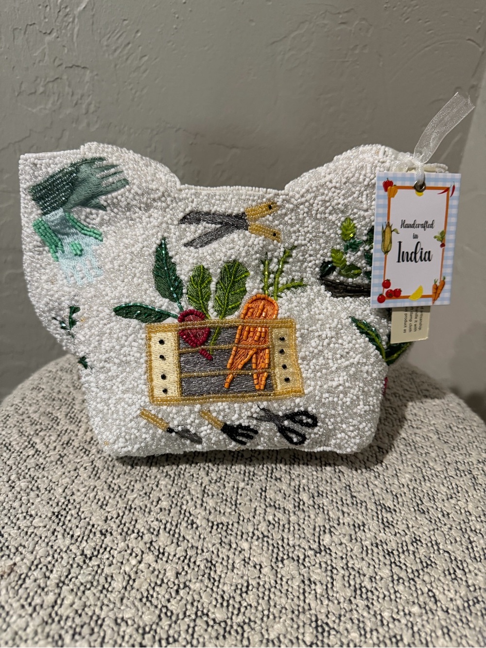 Handcrafted White Beaded Gardening-Themed Decorative Pillow